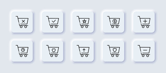 Shopping carts with website buttons set icon. Cross, tick, online shop, star, dollar, plus, minus, clock, waiting, heart, up arrow, shield, buy, purchase. Sale concept. Neomorphism. Vector line icon