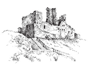 Rakvere Castle. Ruins of a medieval knight's castle in Rakvere, Estonia. Sketch vector illustration.