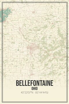 Retro US city map of Bellefontaine, Ohio. Vintage street map.