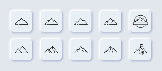 Mountains set icon. Nature, personal achievements, growth, top, career, first place, goal, range, peak, target, flag, strategy. Business concept. Neomorphism style. Vector line icon for Advertising