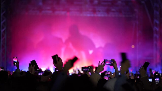 Famous singer Dua Lipa and her group of dancers performing, crowd of fans applauding with smartphones lights
