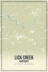 Retro US city map of Lick Creek, Kentucky. Vintage street map.