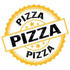PIZZA text on yellow-black round stamp sign