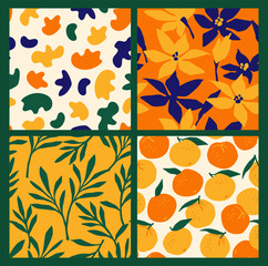Simple seamless patterns with abstract flowers and oranges.