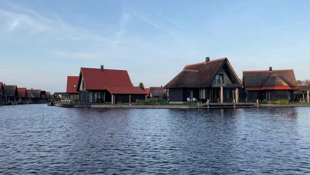 Bungalows At The Holiday Park On Ossenzijl In Overijssel Near Weerribben Wieden National Park, Netherlands. Aerial Shot