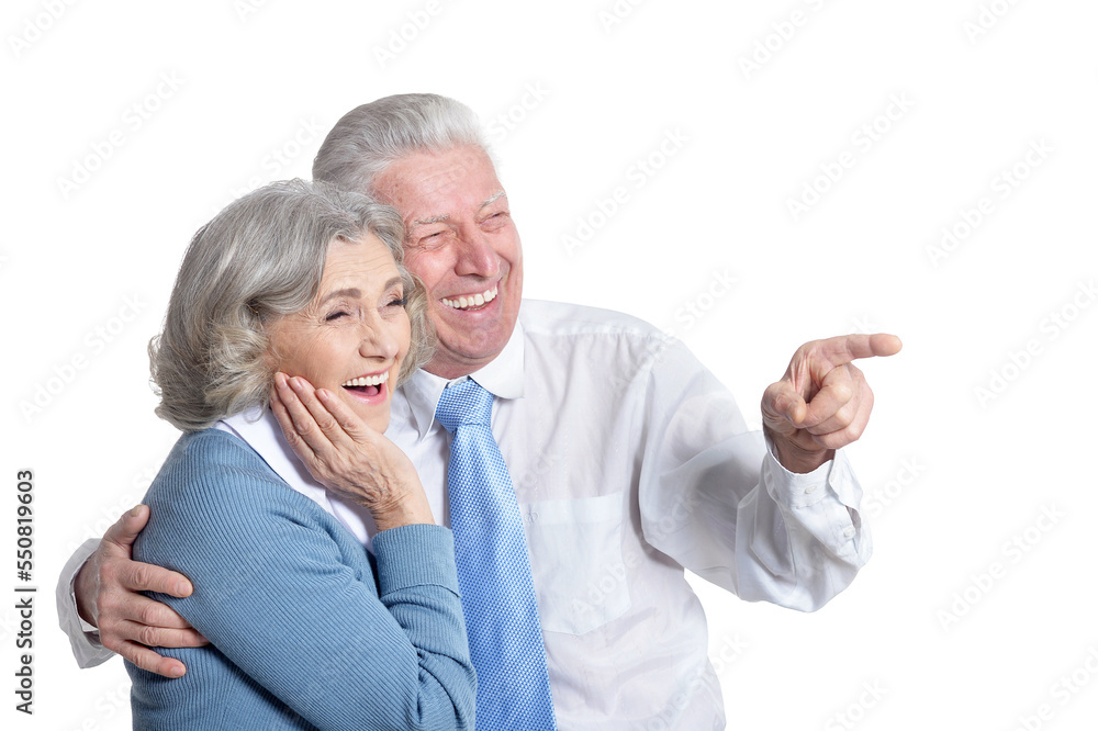 Poster portrait of senior couple on white background