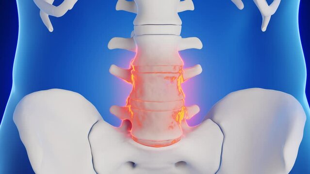 3d rendered medical animation of the bones of the lumbar spine of a male human.