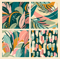 Abstract collection of seamless patterns with leaves and geometric shapes.