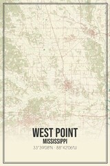 Retro US city map of West Point, Mississippi. Vintage street map.