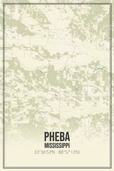 Retro US city map of Pheba, Mississippi. Vintage street map.