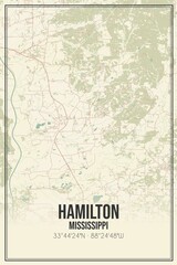 Retro US city map of Hamilton, Mississippi. Vintage street map.