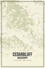 Retro US city map of Cedarbluff, Mississippi. Vintage street map.