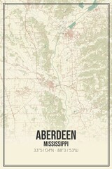 Retro US city map of Aberdeen, Mississippi. Vintage street map.