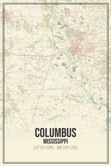 Retro US city map of Columbus, Mississippi. Vintage street map.