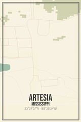 Retro US city map of Artesia, Mississippi. Vintage street map.
