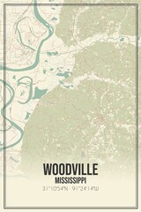 Retro US city map of Woodville, Mississippi. Vintage street map.