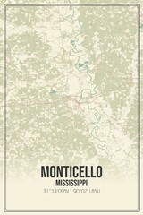 Retro US city map of Monticello, Mississippi. Vintage street map.