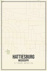 Retro US city map of Hattiesburg, Mississippi. Vintage street map.