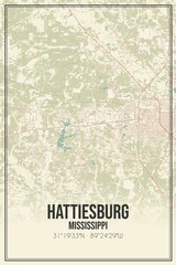 Retro US city map of Hattiesburg, Mississippi. Vintage street map.