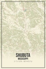 Retro US city map of Shubuta, Mississippi. Vintage street map.