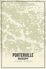 Retro US city map of Porterville, Mississippi. Vintage street map.