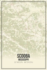 Retro US city map of Scooba, Mississippi. Vintage street map.