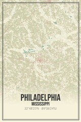 Retro US city map of Philadelphia, Mississippi. Vintage street map.