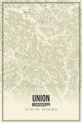 Retro US city map of Union, Mississippi. Vintage street map.