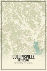 Retro US city map of Collinsville, Mississippi. Vintage street map.