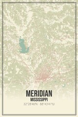Retro US city map of Meridian, Mississippi. Vintage street map.