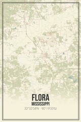 Retro US city map of Flora, Mississippi. Vintage street map.