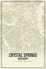 Retro US city map of Crystal Springs, Mississippi. Vintage street map.