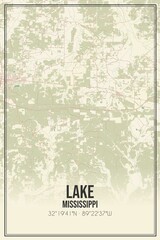Retro US city map of Lake, Mississippi. Vintage street map.