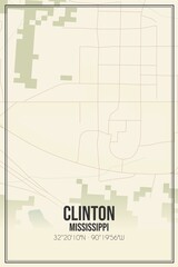 Retro US city map of Clinton, Mississippi. Vintage street map.