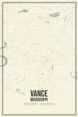 Retro US city map of Vance, Mississippi. Vintage street map.