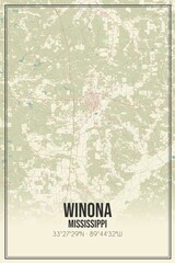 Retro US city map of Winona, Mississippi. Vintage street map.