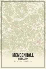 Retro US city map of Mendenhall, Mississippi. Vintage street map.