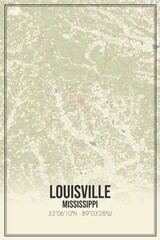 Retro US city map of Louisville, Mississippi. Vintage street map.