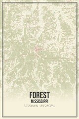 Retro US city map of Forest, Mississippi. Vintage street map.