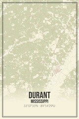Retro US city map of Durant, Mississippi. Vintage street map.
