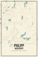 Retro US city map of Philipp, Mississippi. Vintage street map.