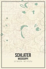 Retro US city map of Schlater, Mississippi. Vintage street map.