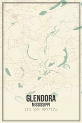 Retro US city map of Glendora, Mississippi. Vintage street map.
