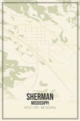 Retro US city map of Sherman, Mississippi. Vintage street map.