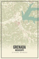 Retro US city map of Grenada, Mississippi. Vintage street map.