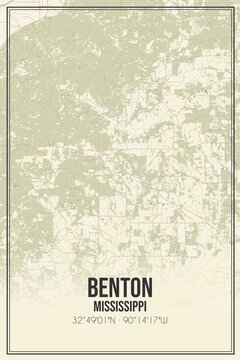 Retro US City Map Of Benton, Mississippi. Vintage Street Map.