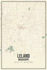 Retro US city map of Leland, Mississippi. Vintage street map.