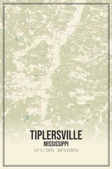 Retro US city map of Tiplersville, Mississippi. Vintage street map.