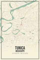 Retro US city map of Tunica, Mississippi. Vintage street map.
