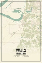 Retro US city map of Walls, Mississippi. Vintage street map.